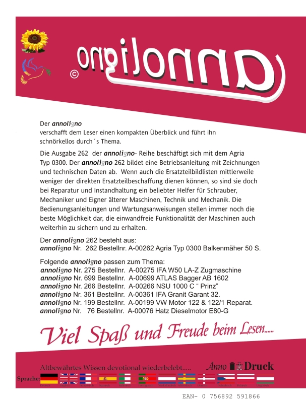 Agria Balkenmäher/Mähmaschine Typ 0300 Bild- Bedienungsanleitung & technischen Daten - annoligno 262